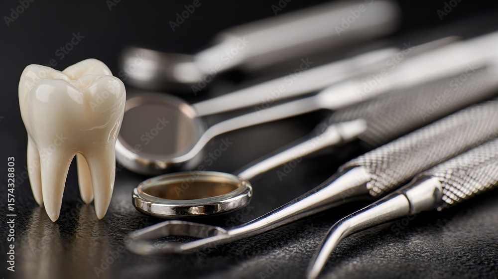 Aufkleber macro shot of a dental setup with gleaming surgical tools and an intricately designed tooth replica 