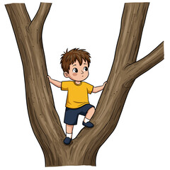 Young boy climbing and playing on a tree branch, white background, isolated, vector    