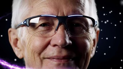Elderly man wearing futuristic glasses, looking directly at the viewer, with light effects. - Powered by Adobe