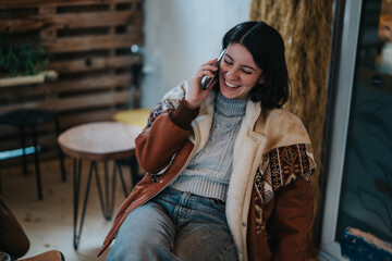 A cheerful woman wearing a colorful jacket and sweater smiling while having a phone call. Relaxed...