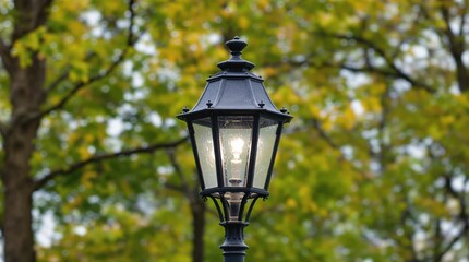 Black ornate lamppost with a lit bulb, foliage backdrop blurred with green/yellow hues