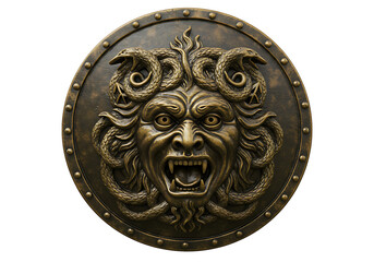 Bronze shield with Medusa head snakes for hair set against a black background