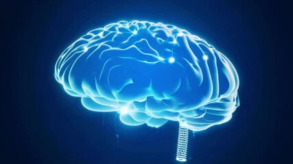 Luminous blue brain model displays pulsing neural network activity with electric synapses firing across cerebral cortex creating dynamic neuroscience visualization for medical research - Powered by Adobe