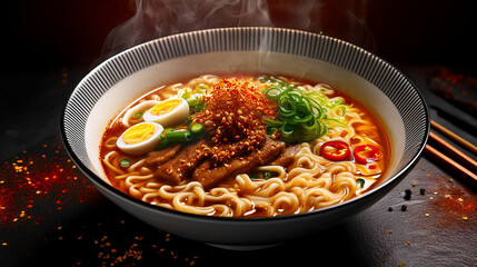 Fiery Close-up: Spicy Miso Ramen with Vibrant Red Broth and Chili Flakes



