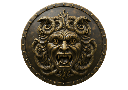 Bronze shield with Medusa head snakes for hair set against a black background
