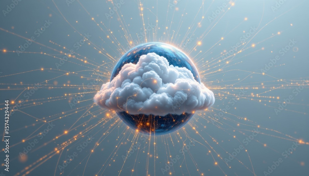 Poster cloud computing, global network, digital transformation, data storage, world connectivity