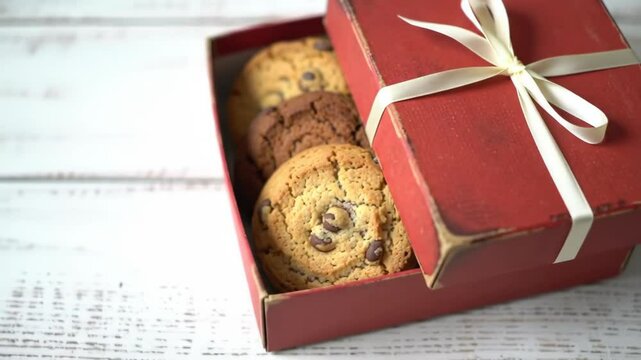 Fresh baked cookies in gift box with ribbon on wood background