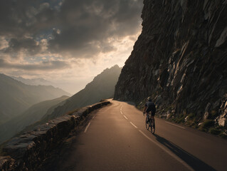 Cyclist climbing a steep alpine road at sunset, dramatic mountain scenery.