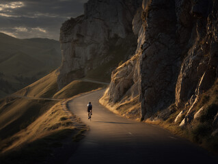 Cyclist climbing a steep alpine road at sunset, dramatic mountain scenery.