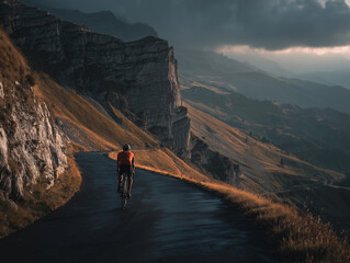 Cyclist climbing a steep alpine road at sunset, dramatic mountain scenery.