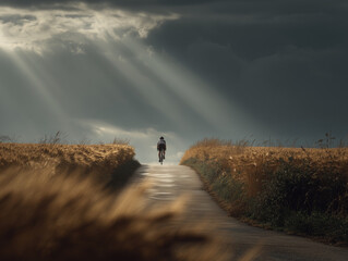 Female cyclist riding along a golden countryside road at sunrise.