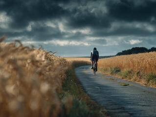 Female cyclist riding along a golden countryside road at sunrise.