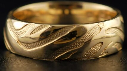 Close-up of a patterned yellow gold ring on a dark background - Powered by Adobe