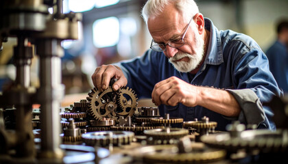 Precision and Dedication: A seasoned artisan meticulously examines intricate machinery gears, immersed in the focused world of mechanics and engineering.