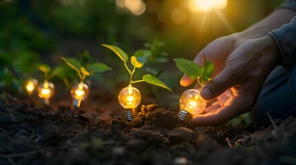 planting a glowing idea seed in a garden of gold, Creative business concept