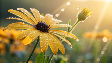 Yellow flower with water droplets in sunlight nature
