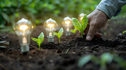 planting a glowing idea seed in a garden of gold, Creative business concept
