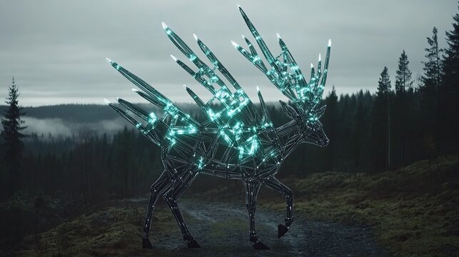 Futuristic deer, glowing, forest, misty, digital art, fantasy, nature, background