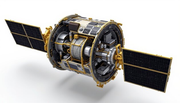 A detailed view of a sophisticated satellite in space. Showcasing complex engineering and technology. 