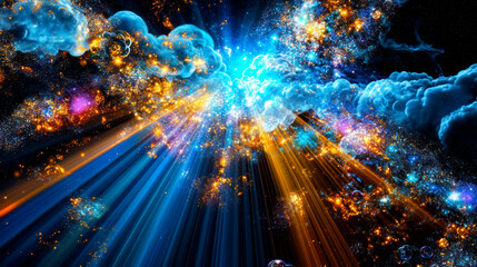 Fantasy background with visible light rays and colorful glitter