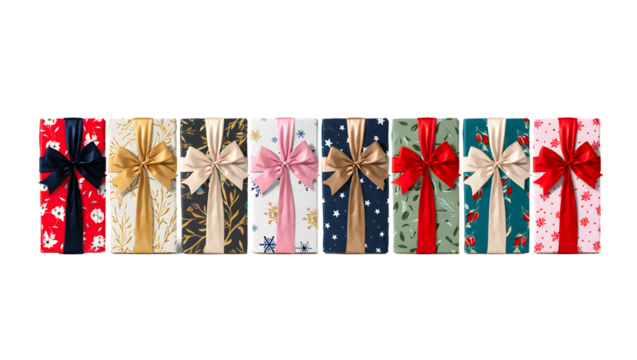 Red and yellow ribbons and flags with festive gift decoration and celebration elements