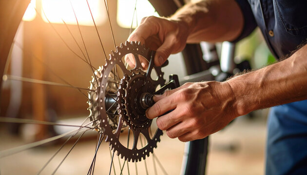 Bike Wheel Repair: An expert hands meticulously adjust the gears of a bicycle wheel, meticulously ensuring seamless cycling and repair. - Powered by Adobe