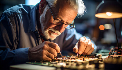 The Art of Electronics: A Focused elderly man, illuminated by soft lamplight, carefully works on intricate electronics circuit, demonstrating expertise, dedication, and attention to detail.