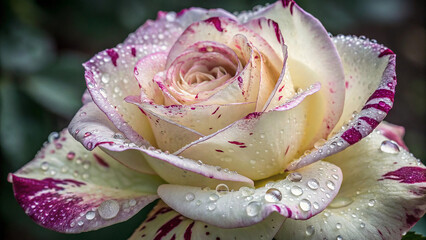 Macro Rose with Water Droplets and Purple Streaks flower