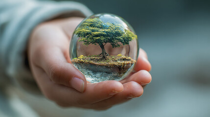 Close-up of child holding small globe with tree growing