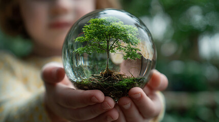 Close-up of child holding small globe with tree growing