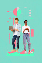 Vertical image 3d banner collage of happy business partners girl guy hold laptop stand diagram...