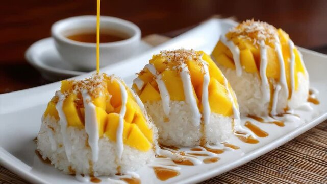 Mango Sticky Rice Delight: Three mounds of sweet sticky rice topped with fresh mango slices, coconut flakes, and a luscious creamy sauce, presented on a rectangular plate.