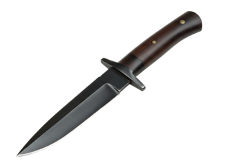 Closeup of a knife with a wooden handle and steel blade set against a stark black background