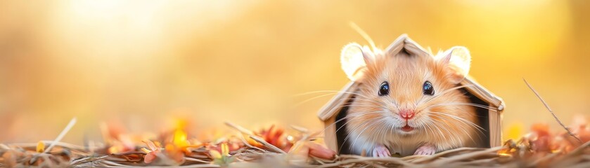 A cute hamster peeks out from a tiny wooden house surrounded by autumn leaves, set against a soft, golden background.