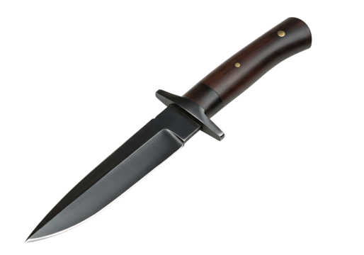 Closeup of a knife with a wooden handle and steel blade set against a stark black background