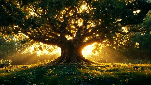 Majestic oak tree bathed in sunlight, creating a serene and magical atmosphere