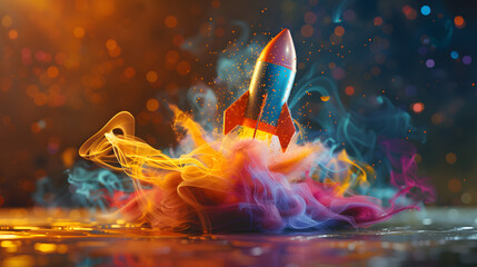 Rocket made of colorful swirling ideas launching front, Creative business concept