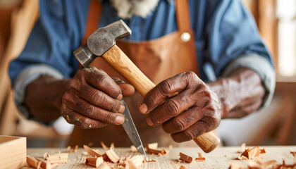 Artisan's Focus: An aged craftsman dedicates his skills to shaping wood, using a hammer and chisel to bring his vision to life. Captured in detail