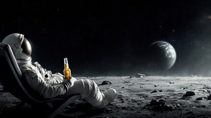 Astronaut is drinking beer on the Moon
