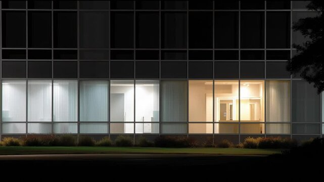 Silhouette of a person standing in an office building at night with illuminated interior spaces