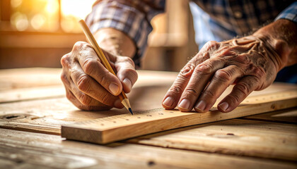 Woodworker Precision: Close-up of woodworker using pencil and ruler on wood. Focus on aged hand and wooden tool capturing the woodworker's expertise and dedication to the craft.