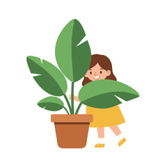 Young girl smiling while playing with large potted plant, white background, isolated, vector    