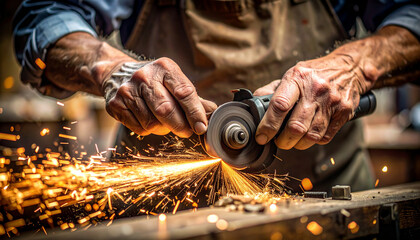 Artisan at Work: A skilled artisan meticulously utilizes an angle grinder, creating sparks and showcasing dedication in the pursuit of craft.