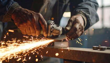 Sparks of Industry: A seasoned craftsman masterfully wields a grinding tool, igniting a cascade of sparks that illuminate the dedication and precision of industrial work.