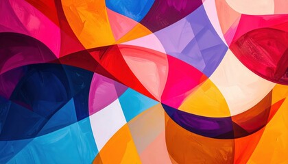 Fototapeta premium abstract glossy curved shapes overlapping in vibrant color palette of yellow, blue, pink, and red for dynamic visual impact