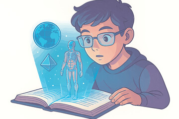 Boy Learning from Smart Book with Hologram Projections Education Future