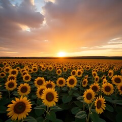 Obraz premium Breathtaking Sunflower Fields at Sunset
