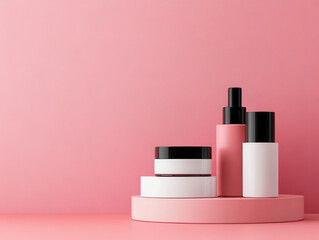 Aesthetic arrangement of skincare products on pink background, featuring bottles and jars with black and white accents, creating modern and minimalist look
