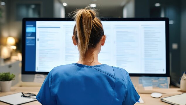 A woman in medical scrubs works at a desk, focused on a large computer screen displaying text and data in a dimly lit office environment.