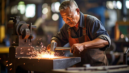 Artisan at Work: A skilled artisan focuses intently, sparks flying as he expertly forges metal with a hammer and anvil.